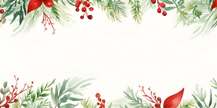 Watercolor Christmas frame background with red flowers, berries and pine greens and copy space inside, ai generated
