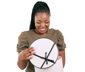 Box, open present and black woman with a smile and birthday gift for event. Happy, female person and package feeling excited from celebration and giving isolated on a transparent, png background