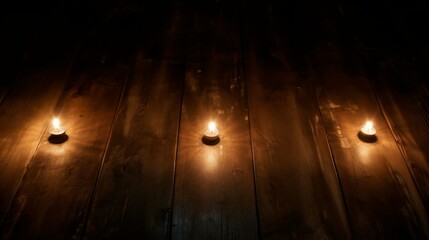Flickering candlelight casting eerie shadows on a worn-out wooden floor. Setting the mood for a spooky Halloween concept.