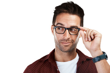 Vision, thinking and man with glasses or frames as eye care isolated in a transparent or png...