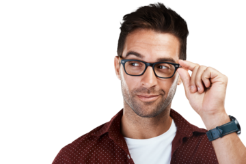 Vision, thinking and man with glasses or frames as eye care isolated in a transparent or png background. Spectacles, optometry and person or businessman with style, fashion and ideas of eyewear