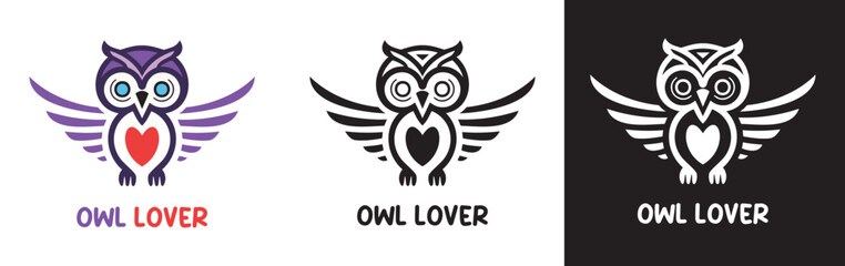 Cute owl logo vector, simple Owl logo design, pet shop logo template editable, logotype, black and white variations, owl lovers logo design