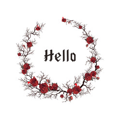 Cute frame in Halloween style with the phrase Hello. Happy Halloween round frame in bohemian style. Holiday design symbols of pumpkin, jack-o-lantern, skull, red roses, bats. 