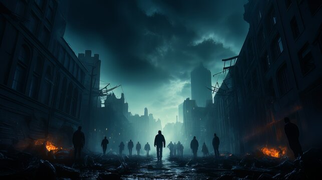 Silhouettes of zombie people walking at night