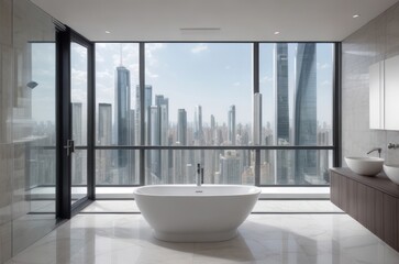 A bathtub inside a shower room in a luxury building in the middle of the city.