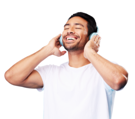 Asian man, headphones and smile for music isolated on transparent png background for hearing podcast subscription. Happy male model listening to audio, streaming sound and radio media with technology