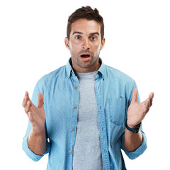 Portrait, surprise and man with announcement, wow and model isolated on a transparent background....