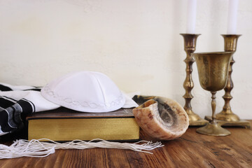 Fototapeta na wymiar religion image of shofar (horn) on white prayer talit. Rosh hashanah (jewish New Year holiday), Shabbat and Yom kippur concept