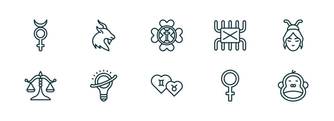 set of 10 linear icons from zodiac concept. outline icons such as mercury, capricorn, gods protection, friendship, venus, year vector