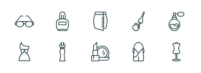 set of 10 linear icons from woman clothing concept. outline icons such as round eyeglasses, parfum, skirt black short, makeup, hobo shoulder bag, couture mannequin vector