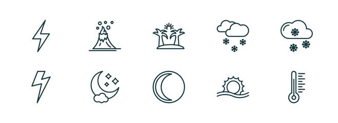 set of 10 linear icons from weather concept. outline icons such as light bolt, volcano, summer, waning moon, haze, thermometer vector