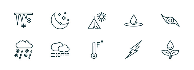 set of 10 linear icons from weather concept. outline icons such as icicle, twilight, indian summer, farenheit, thunderbolt, dew vector