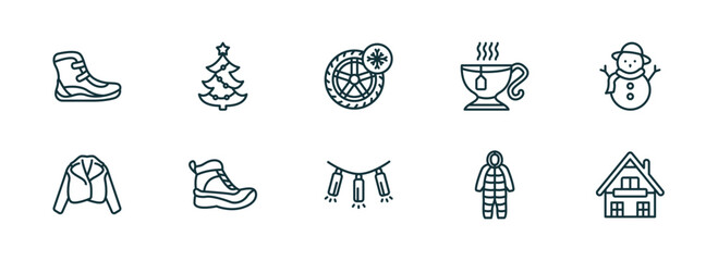 set of 10 linear icons from winter concept. outline icons such as winter boots, christmas tree, winter tire, lights, snowsuit, chalet vector