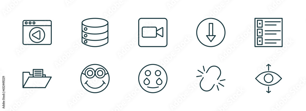 Poster set of 10 linear icons from user interface concept. outline icons such as video in browser, disk sto
