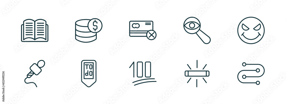 Poster set of 10 linear icons from user interface concept. outline icons such as book opened at center, ear