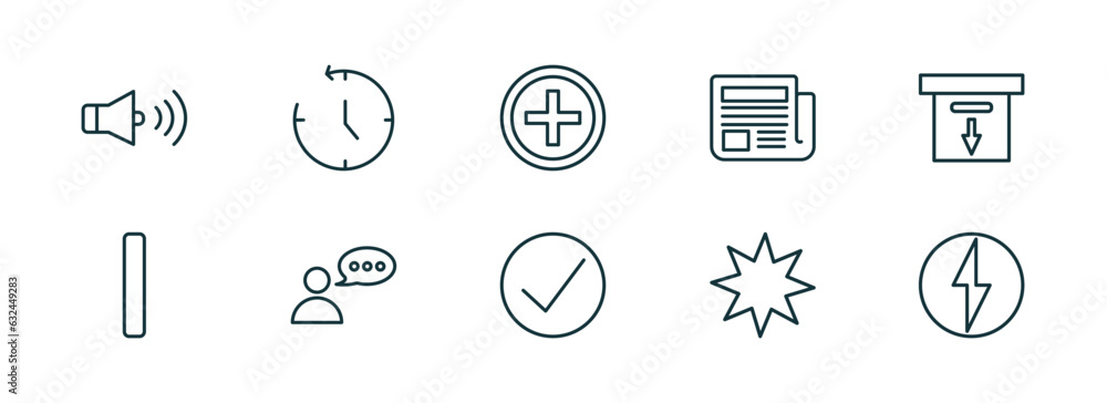 Poster set of 10 linear icons from user interface concept. outline icons such as round volume button, anti 