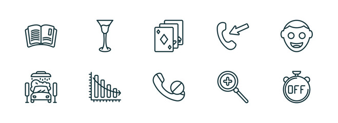 set of 10 linear icons from ultimate glyphicons concept. outline icons such as reading, cocktail glass, three cards, phone blocked, zoom button, timer off vector