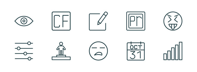 set of 10 linear icons from user interface concept. outline icons such as visual, cf, compose, boring, octuber 31, level vector