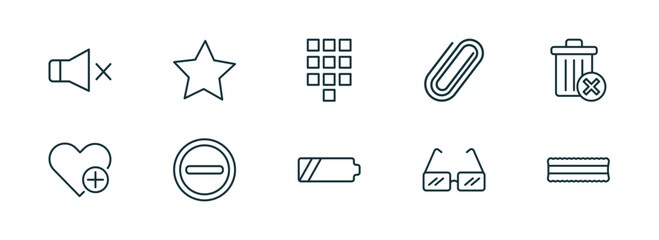 set of 10 linear icons from user interface concept. outline icons such as sound off, rounded point star, telephone keypad, battery medium charge, square glasses, lace vector