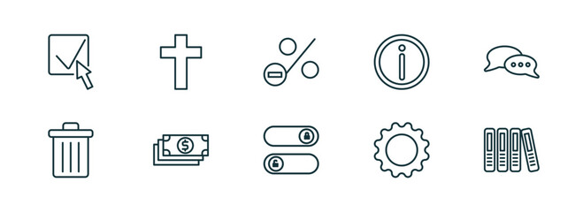Fototapeta premium set of 10 linear icons from user interface concept. outline icons such as check box with cursor, cross, less percentage, slide to unlock, tings cog, office folders vector