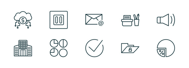 set of 10 linear icons from user interface concept. outline icons such as digital currency, square stop button, email evelope, tick box, unlock folder, percentage chart vector