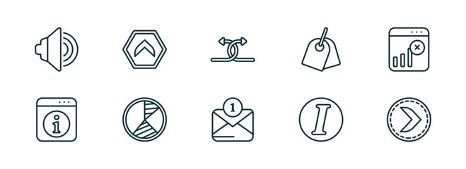 set of 10 linear icons from user interface concept. outline icons such as sound on, top button, crossed arrows, new message, italic, right button vector
