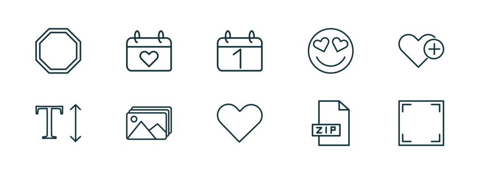 set of 10 linear icons from user interface concept. outline icons such as eighties, heart on calendar, first date, hearth, zip file, screen in white vector