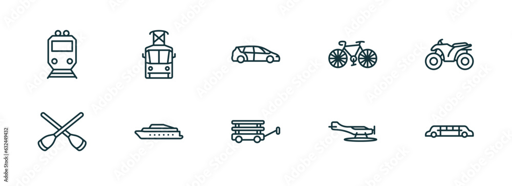 Poster set of 10 linear icons from transportation concept. outline icons such as metro, tram front view, pe