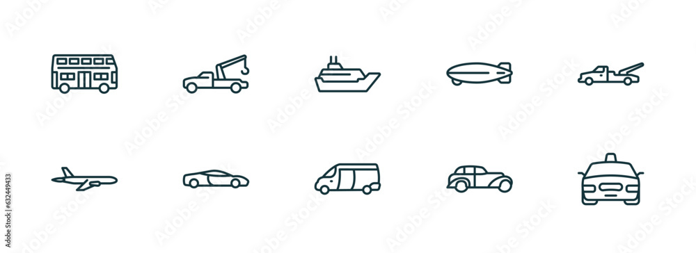 Poster set of 10 linear icons from transportation concept. outline icons such as double decker bus, tow tru