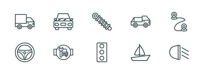 set of 10 linear icons from transport concept. outline icons such as heavy vehicle, car, shock breaker, car traffic, sail boat, car lights vector