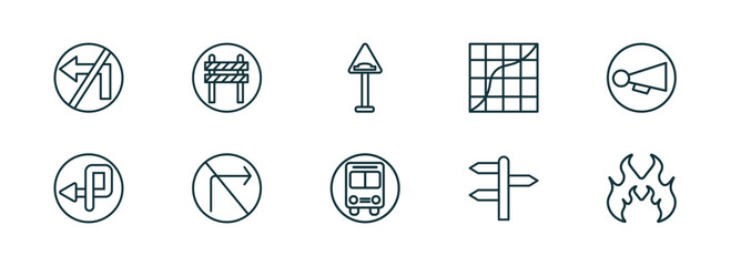 set of 10 linear icons from traffic signs concept. outline icons such as no turn, barrier, bump, bus stop, crossroad, fire vector