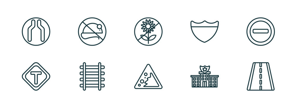 set of 10 linear icons from traffic signs concept. outline icons such as narrow road, no rodents, no picking flowers, falling rocks, police station, highway vector