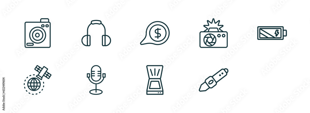 Poster set of 10 linear icons from technology concept. outline icons such as retro squared camera, big head