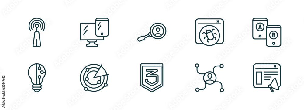 Poster set of 10 linear icons from technology concept. outline icons such as reach, responsive web de, user