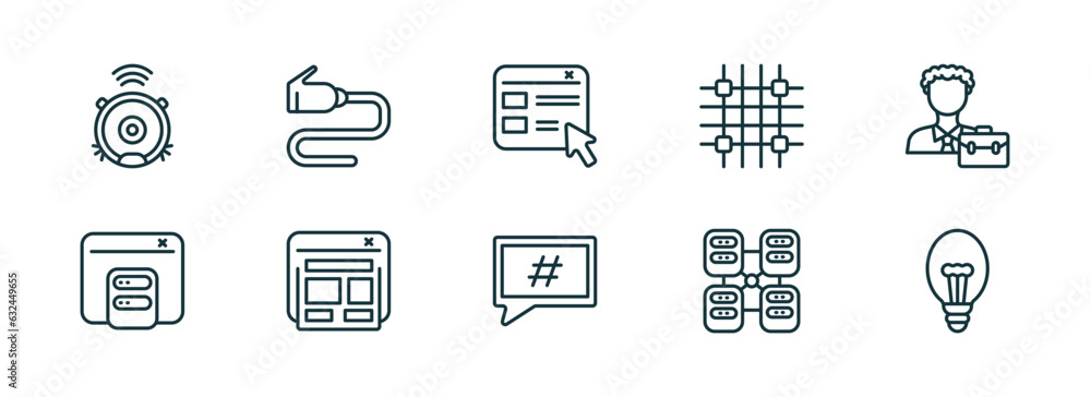 Poster set of 10 linear icons from technology concept. outline icons such as robot vacuum, wired connection