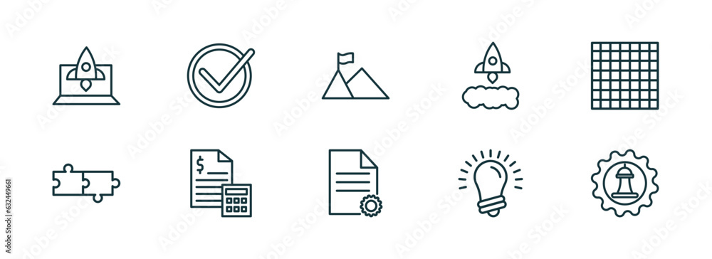 Aufkleber set of 10 linear icons from startup stategy and concept. outline icons such as startup laptop, accep