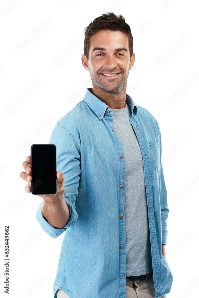 Poster Portrait, screen and man with a smartphone, connection and model isolated on a transparent background. Internet, male person or guy with a cellphone, social media and network with png or advertise