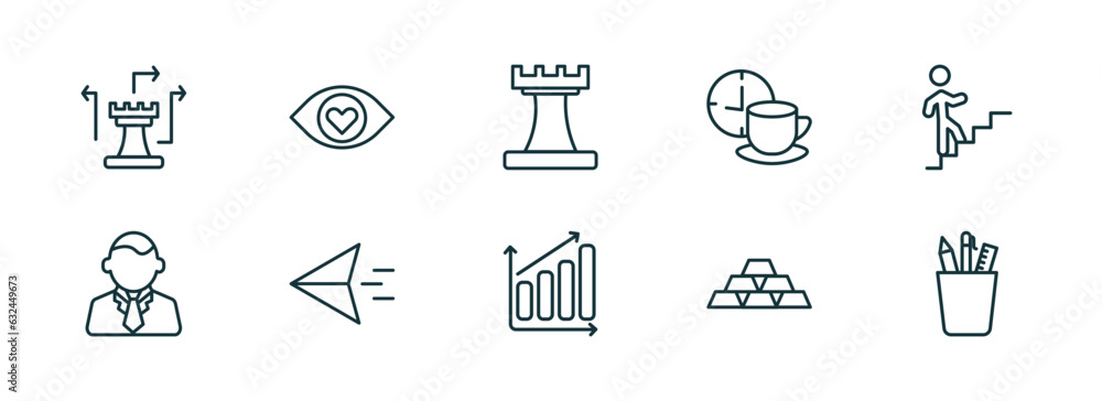 Poster set of 10 linear icons from startup stategy and concept. outline icons such as strategy game, attrac