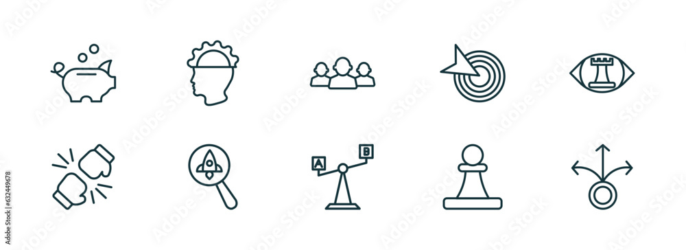 Poster set of 10 linear icons from startup stategy and concept. outline icons such as piggybank, experience