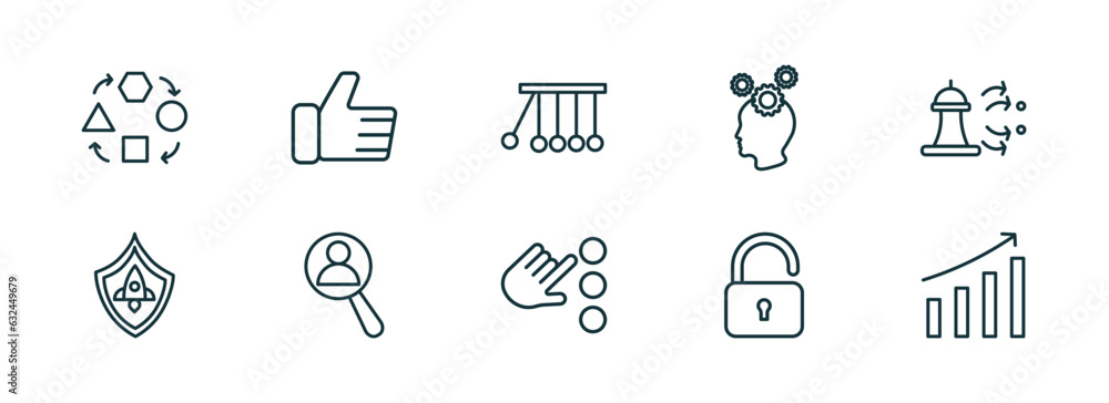 Poster set of 10 linear icons from startup stategy and concept. outline icons such as adaptation, thumb up,