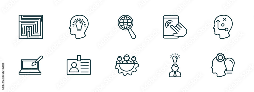 Poster set of 10 linear icons from startup stategy and concept. outline icons such as strategy in a labyrin