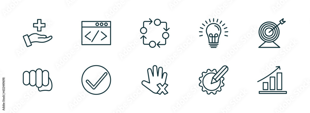 Poster set of 10 linear icons from startup stategy and concept. outline icons such as care, web development