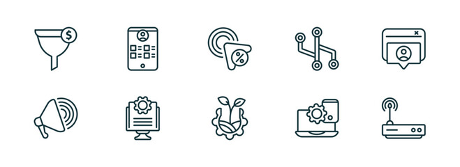 set of 10 linear icons from technology concept. outline icons such as conversion, wireframe, click through rate, organic, website optimization, routers vector