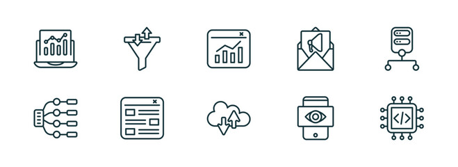 set of 10 linear icons from technology concept. outline icons such as analysis process, sales funnel, data visualization, internet traffic, black eye, embedding vector