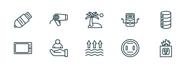 set of 10 linear icons from technology concept. outline icons such as inclined pendrive, hairdressing tools, holidays, evaporation, round socket, electric socket on fire vector