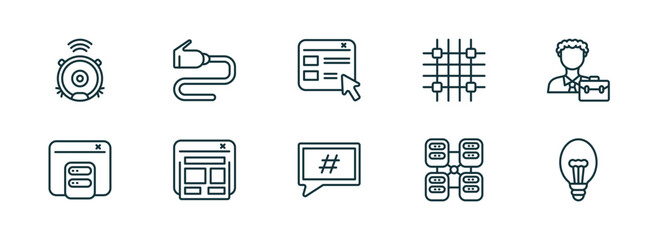 set of 10 linear icons from technology concept. outline icons such as robot vacuum, wired connection, selector, microblogging, data modelling, electric light bulb vector