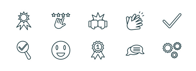 set of 10 linear icons from success concept. outline icons such as quality, rate, fight, first, discussion, gears vector