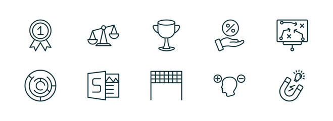 set of 10 linear icons from startup stategy and concept. outline icons such as best, balance, cup, finish line, attitude, idea magnet vector