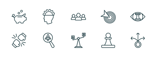 set of 10 linear icons from startup stategy and concept. outline icons such as piggybank, experience, leader, comparison, pawn, decision vector