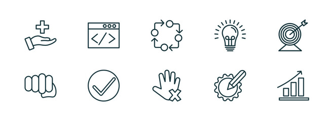 set of 10 linear icons from startup stategy and concept. outline icons such as care, web development, procedure, restrict, resources, grow vector